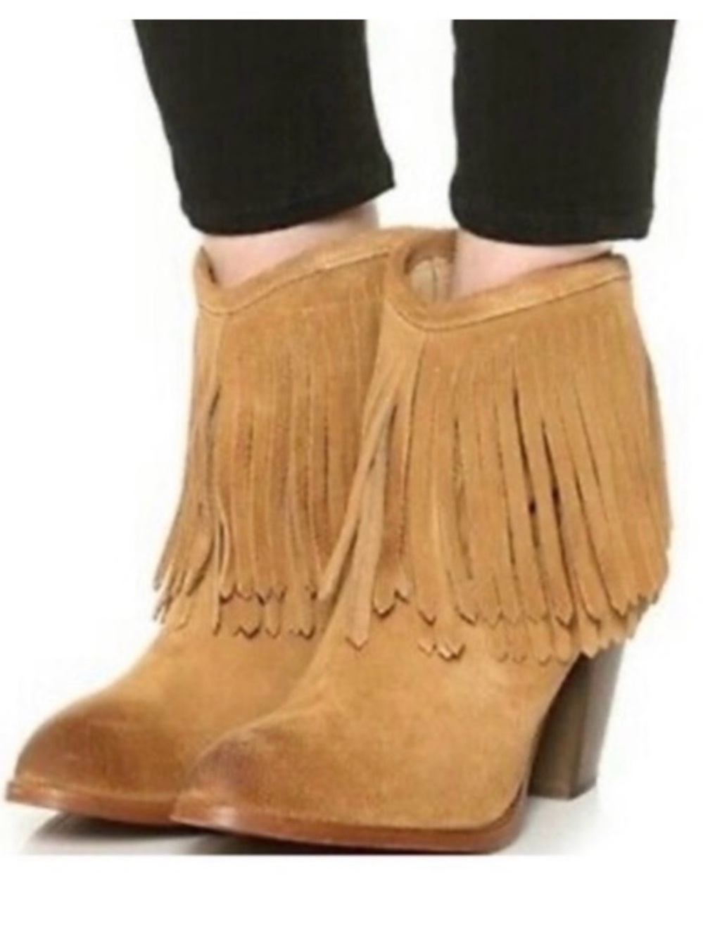 Frye Tan Suede Fringe Ankle Booties